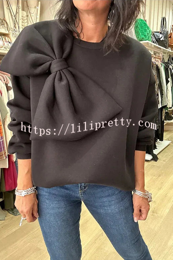 Solid Color Round Neck Long Sleeve Bow Loose Sweatshirts