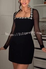 Emmey Jewel Embellished Trim Square-Neck Mesh Long Sleeve Mini Dress