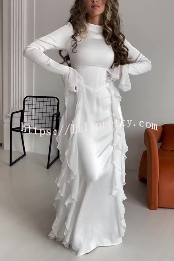 Cline Solid Color High Neck Long Sleeve Elegant Ruffles Maxi Dress