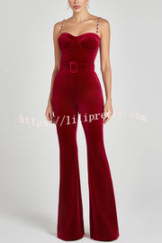 Eliza Luxurious Velvet Fabric Jewel-embellished Shoulder Straps Belted Flare Jumpsuit