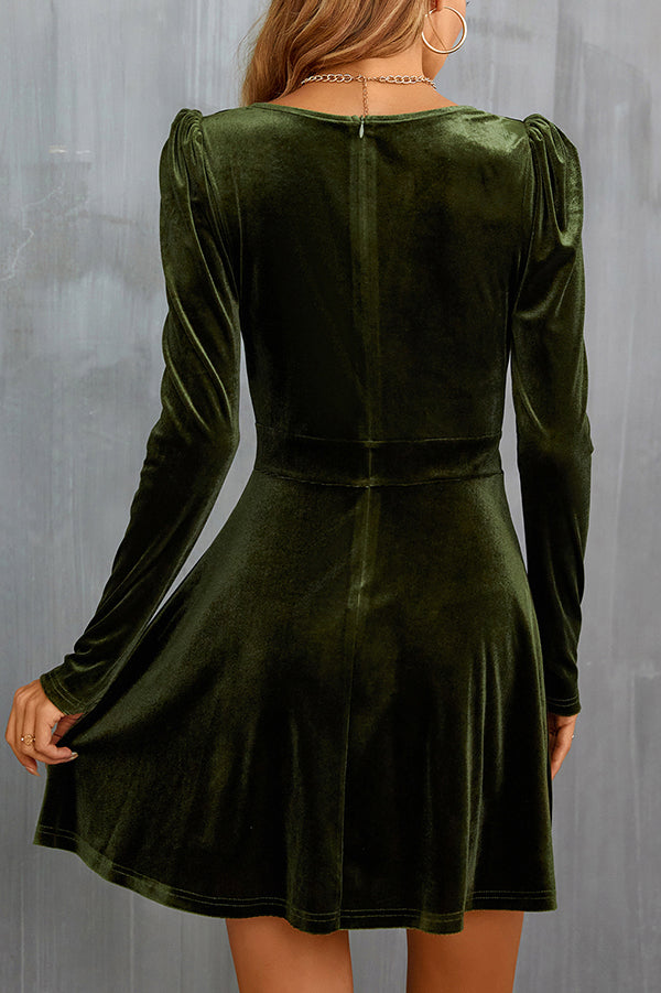 Solid Velvet V-neck Long-sleeved Waist Mini Dress