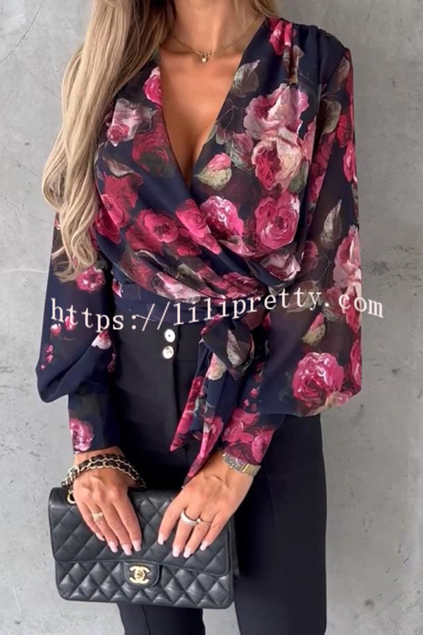 Unique Printed V Neck Strappy Pleated Shirt