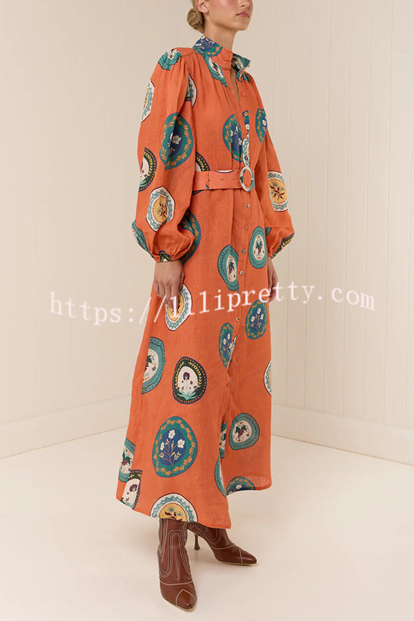 Linen Blend Unique Print Belted Single-breasted Casual Maxi Dress