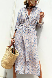 Summer Splendor Printed Button Half Sleeve Belt Loose Shirt Midi Dress