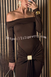 Naia Off Shoulder Long Sleeve Metal Buckle Adjustment Drape Stretch Maxi Dress