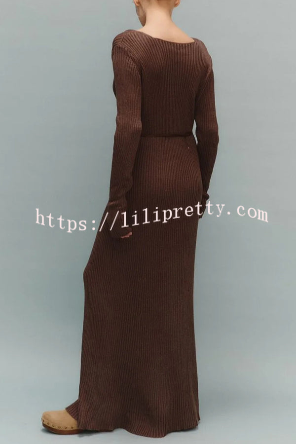 Solid Color V-neck Long-sleeved Slim-fit Elegant Knit Maxi Dress