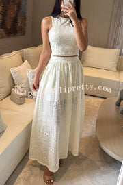 Kaya Embroidery Hollow Lace Back Smocked Tank and Elastic Waist A-line Maxi Skirt Set