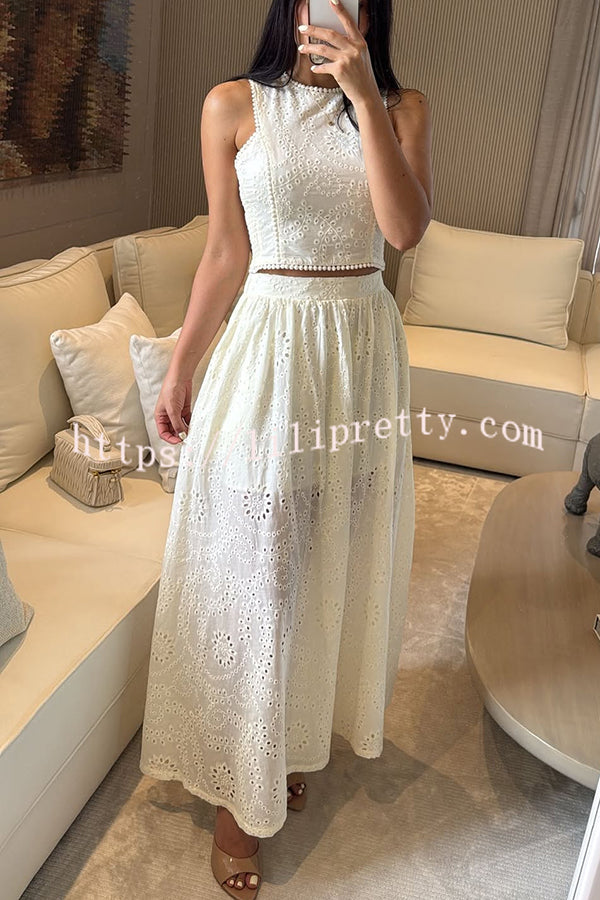 Kaya Embroidery Hollow Lace Back Smocked Tank and Elastic Waist A-line Maxi Skirt Set