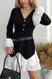 Fashionable Contrast Color Panel Long Sleeve Ruffled Mini Dress