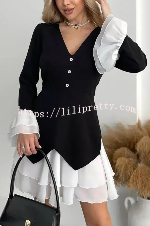 Fashionable Contrast Color Panel Long Sleeve Ruffled Mini Dress