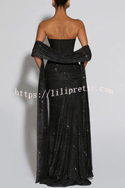 Paula Sequined Mesh and Jersey Off Shoulder Ruched Knot Drape Shawl Maxi Dress