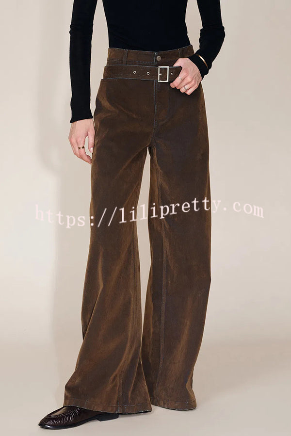 Taylor Denim Mid Rise Detachable Belt Flocked Pocket Wide Leg Jeans