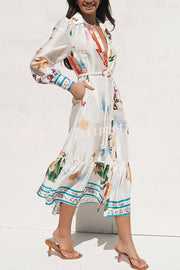 Calie Satin Unique Print Button Rope Belted Pocket Loose Shirt Midi Dress