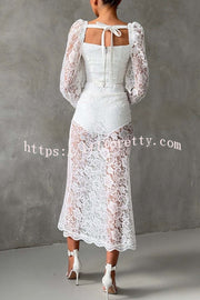 Timeless Moment Floral Lace Square Neck Button Up Balloon Sleeve Top
