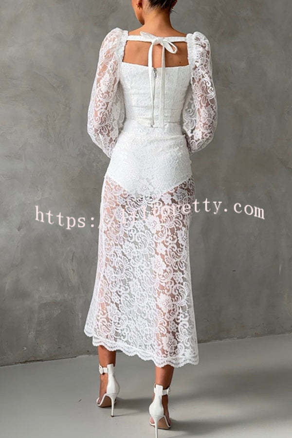 Timeless Moment Floral Lace Square Neck Button Up Balloon Sleeve Top
