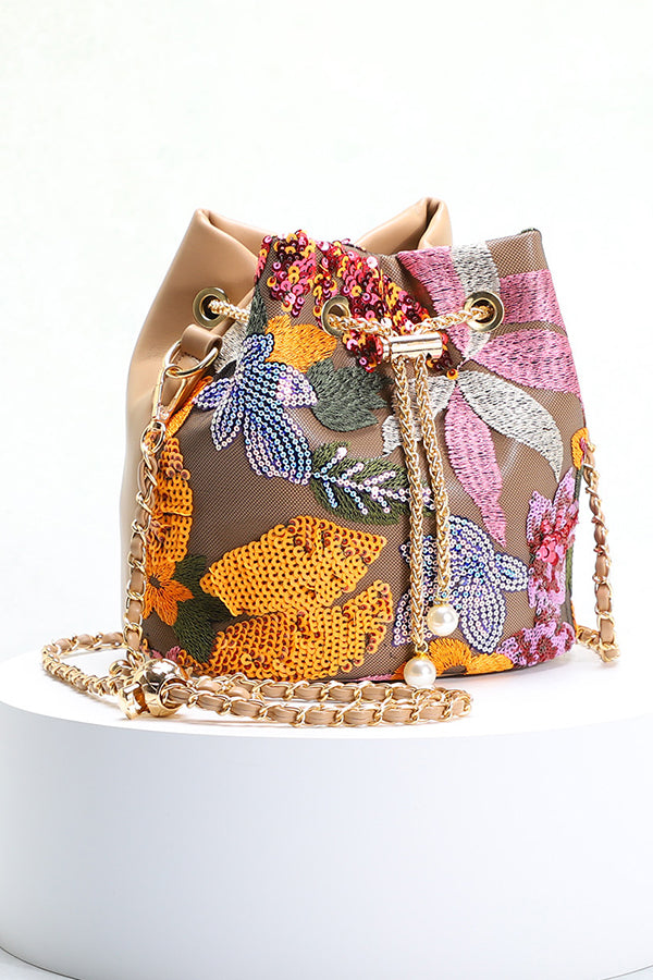 Vintage Leather Embroidered Sequined Floral Chain Bag