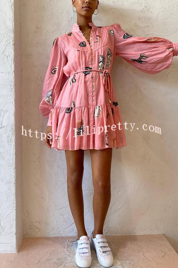 Unique Print Single Breasted Balloon Sleeve Tie Waist Ruffled Mini Dress