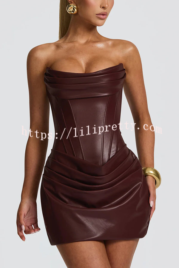Palmer Faux Leather Pleated Off Shoulder Neck Slit Stretch Mini Dress
