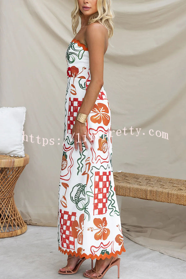 Lilipretty® Cypress Unique Print Ric Rac Trim Back Smocked Strapless Maxi Dress