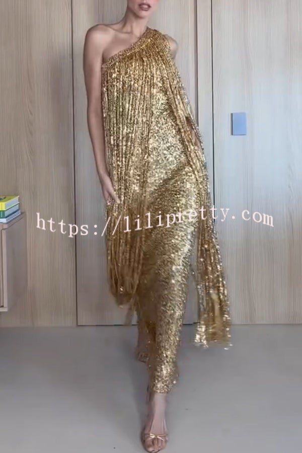 Holiday Muse Sequined Slit Tassels One Shoulder H-line Maxi Dress