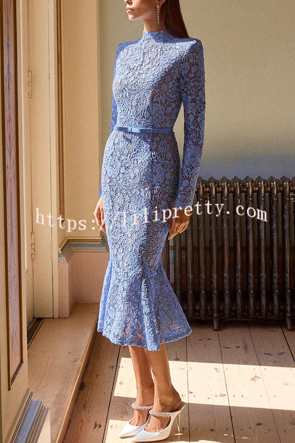 Feminine and Elegant Flower Lace Long Sleeve Bow Belted Flare Midi Dress