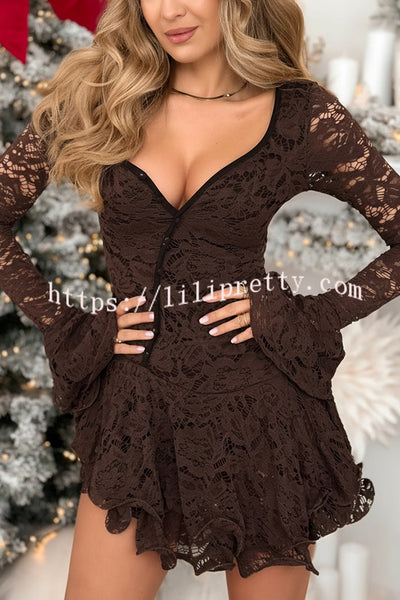 Spake To Me Lace Ruffles Button Up Long Bell Sleeve Asymmetrical Hem Stretch Romper