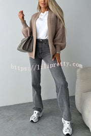 Solid Color V-neck Long-sleeved Casual Knitted Cardigan