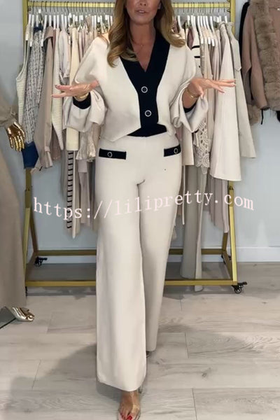 Fashion Contrast Color V-neck Loose Cardigan and Elastic Waist Casual Pants Set