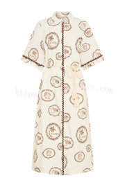 Resort Style Print Lapel Short Sleeves Casual Pocket Waist Tie Loose Midi Dress