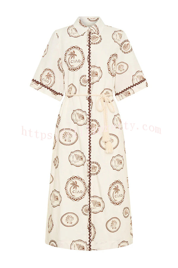 Resort Style Print Lapel Short Sleeves Casual Pocket Waist Tie Loose Midi Dress