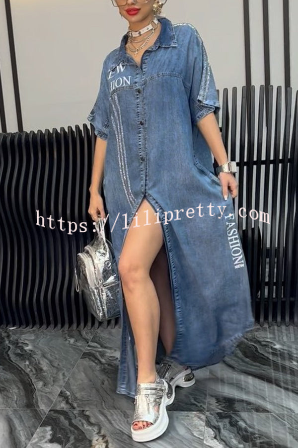 Fashion Letter Print Lapel Cardigan Loose Maxi Dress