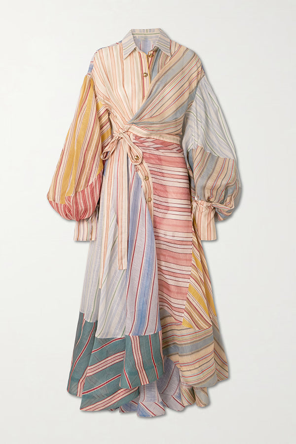 linen blend balloon sleeve wrap dress Rainbow Linen Blend Patchwork Striped Button Balloon Sleeve Wrap Shir –  lilipretty