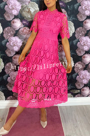 Elegant Crocheted Cutout Lace Short-sleeved Stand-collar Midi Dress