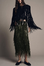 Stylish Sequined Tassel Elegant Midi Skirt