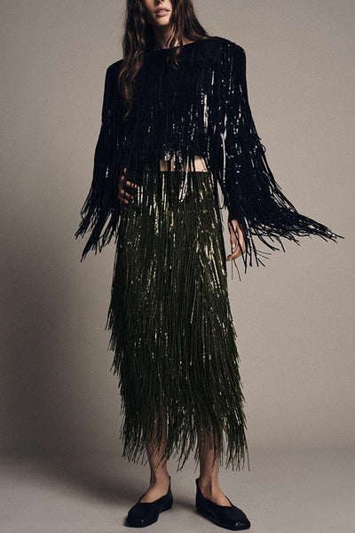 Stylish Sequined Tassel Elegant Midi Skirt