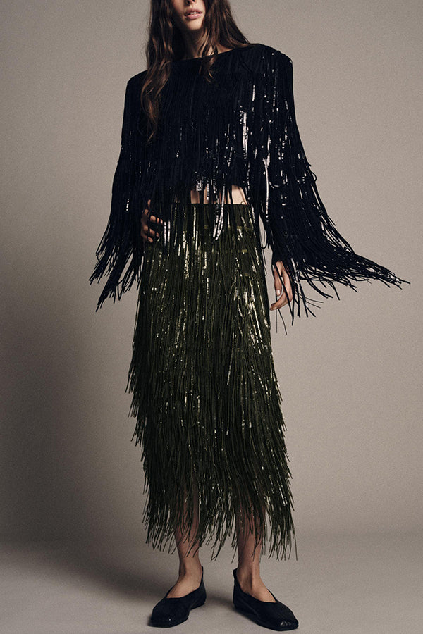 Stylish Sequined Tassel Elegant Midi Skirt