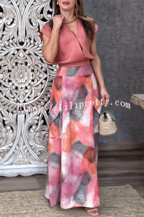 Laylin Wide Sleeve Shirt and Watercolor Print High Waist Drape Pocket Maxi Skirt Set