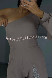 Carlisle One Shoulder Slit Lantern Sleeve Sequin Patchwork Wide Leg Party Jumpsuit