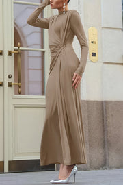 Solid Color Knit Long-sleeved Knotted Slim-fit Maxi Dress