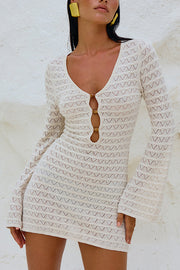 Solid Long Sleeve V Neck Beach Cover Up Mini Dress