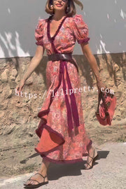 Bohemian Floral Print Elegant Puff Sleeve Holiday Maxi Dress