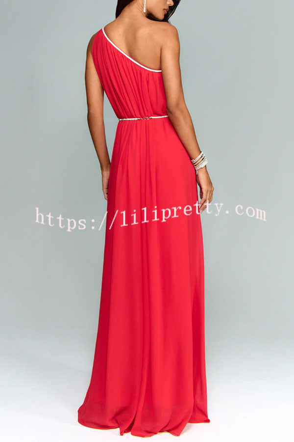 Elly One Shoulder Rhinestone Details Removable Belt A-line Maxi Dress