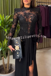Fenna Sheer Floral Sequin Shoulder Pads Long Sleeve Drape Slit Maxi Dress