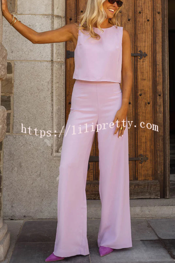 Modern and Elegant Solid Crop Tank and High Rise Flare Loose Pants Set