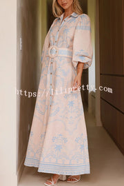 Linen Blend Lapel Puff Sleeve Casual Waist Belted Maxi Dress