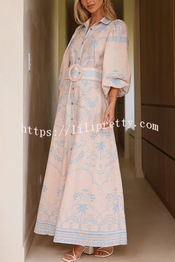 Linen Blend Lapel Puff Sleeve Casual Waist Belted Maxi Dress