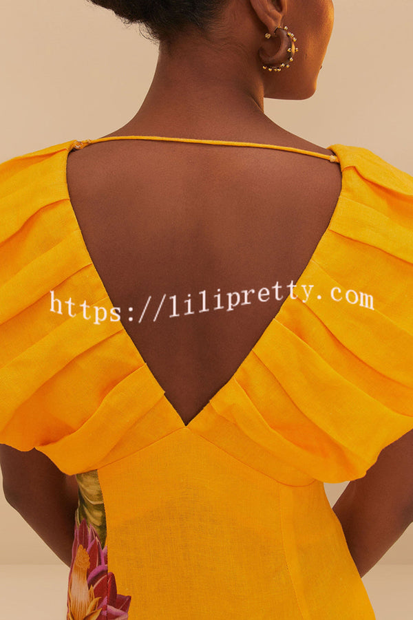 Plant Print V-neck Open Back Holiday Style Slit Midi Dress