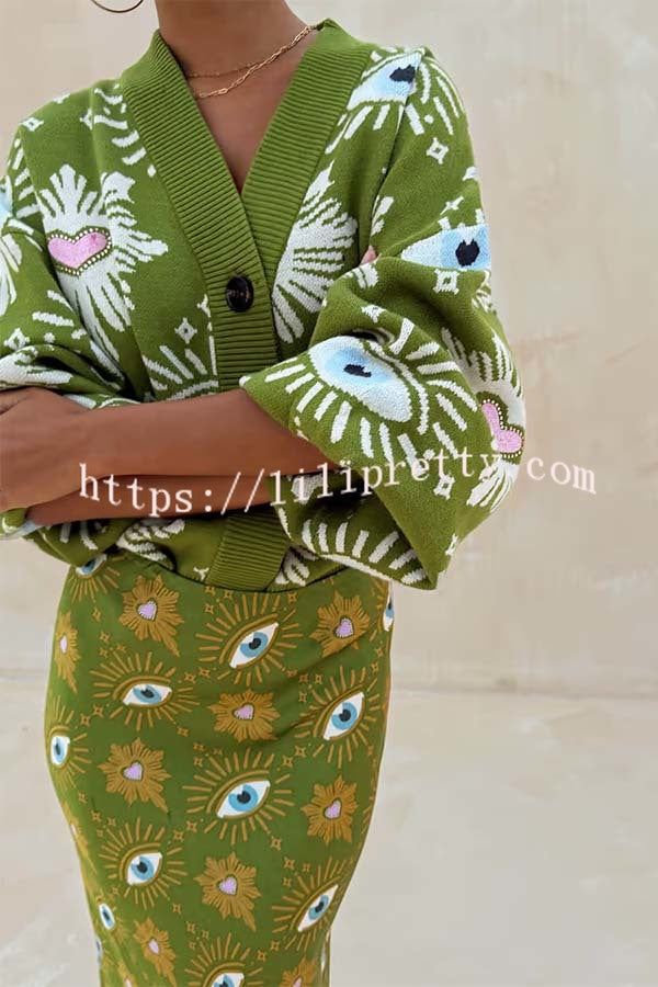 Mysterious Magic Knit Eye Heart Pattern Button Up Long Sleeve Loose Cardigan