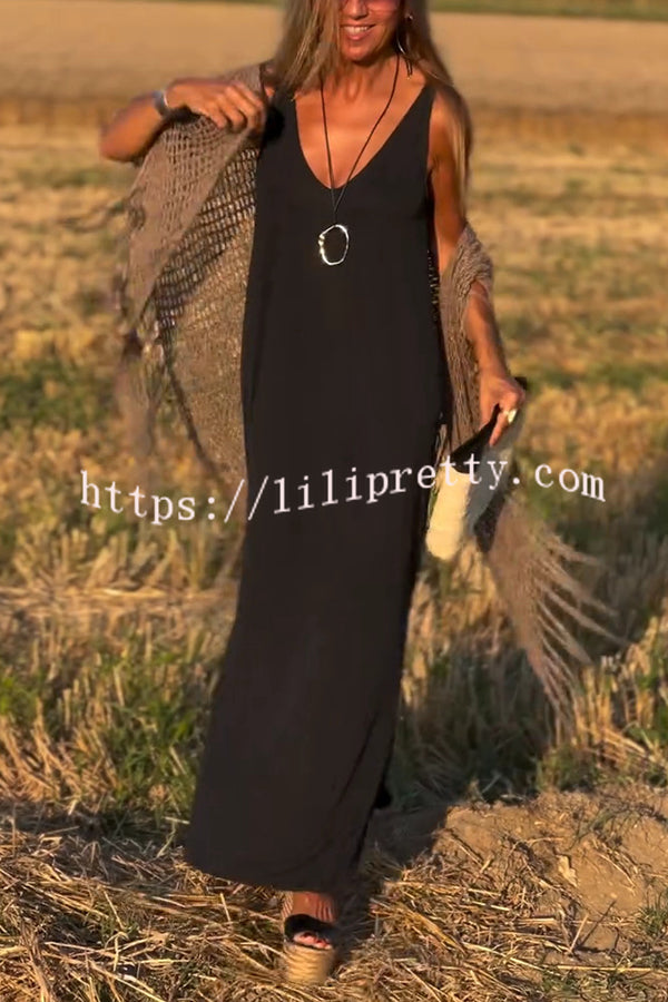 Solid Color V-neck Sleeveless Casual Loose Maxi Dress