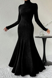 Solid Color High-neck Long-sleeved Slim-fit Fishtail Elegant Maxi Dress